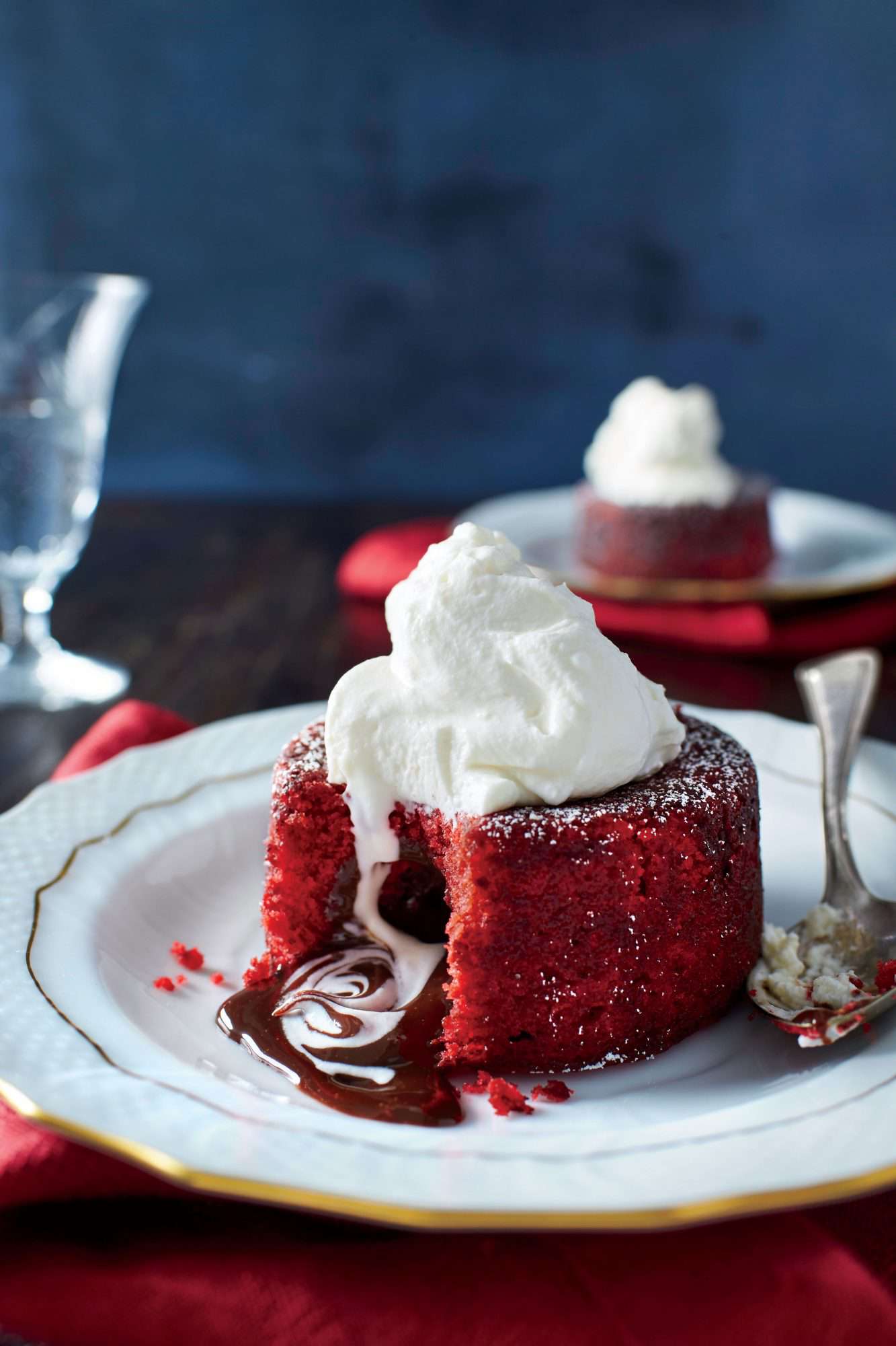 red velvet lava cake with filling pouring out